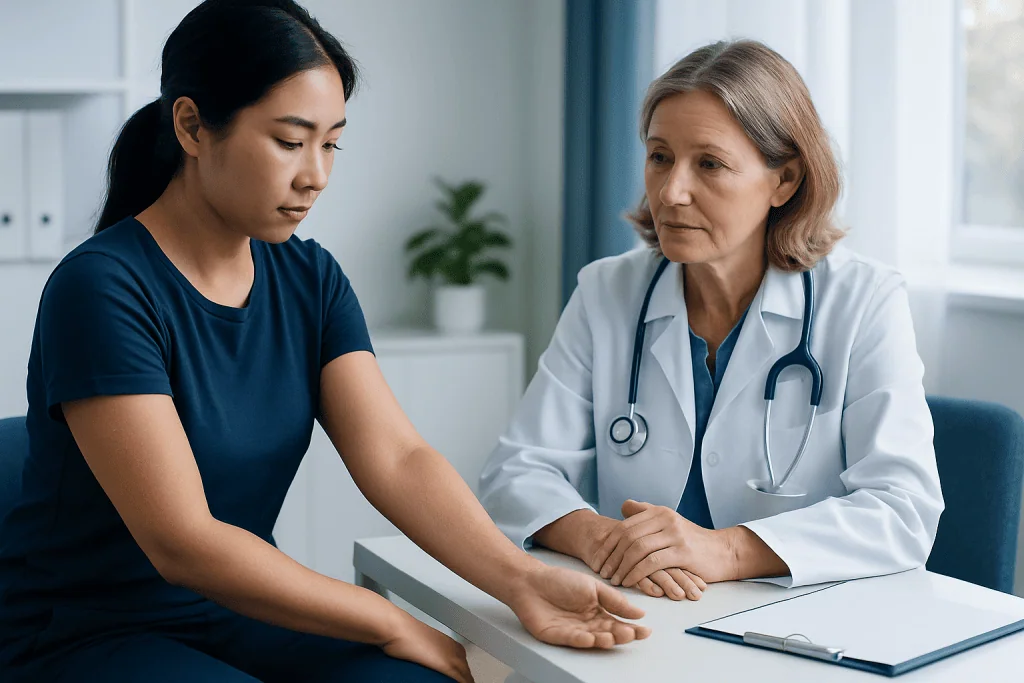 Doctor examining patient's arm in a medical consultation at Acibadem Hospital.