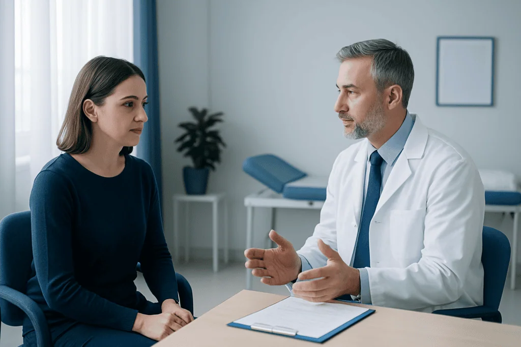 Doctor consulting with a female patient in a medical office.