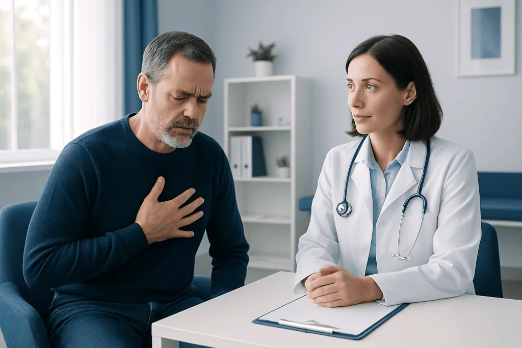 Doctor examines a man with chest discomfort in a consultation room.