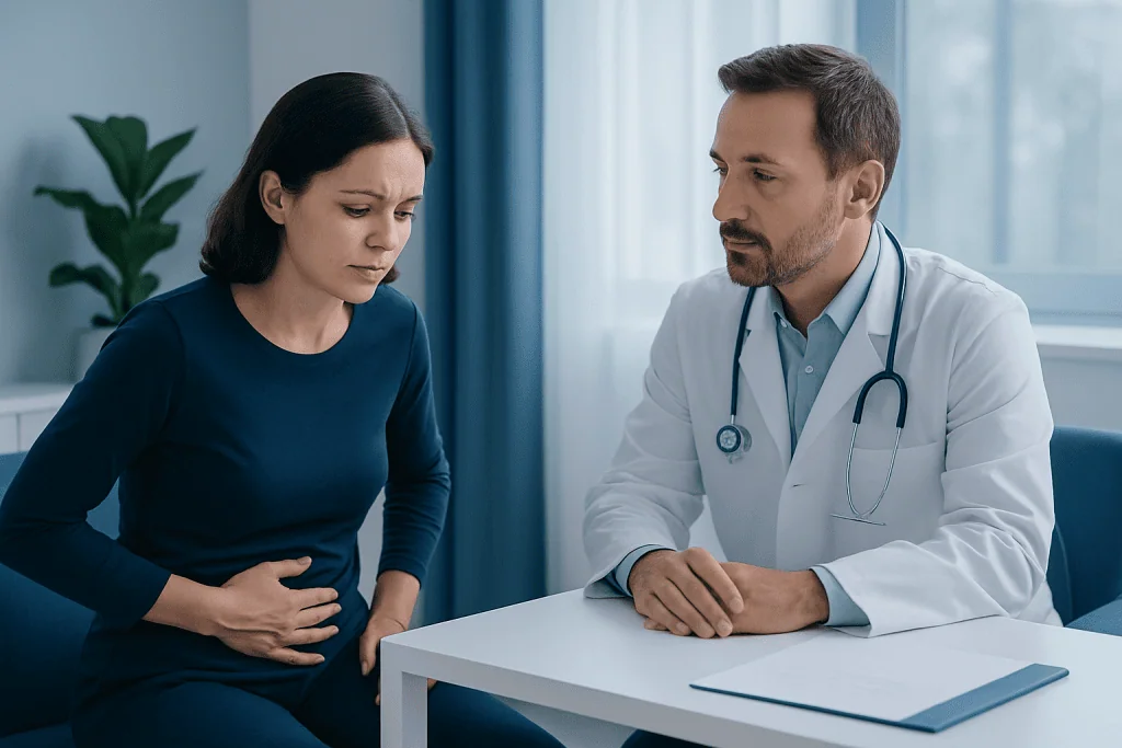 Doctor consulting with a woman patient about abdominal pain.