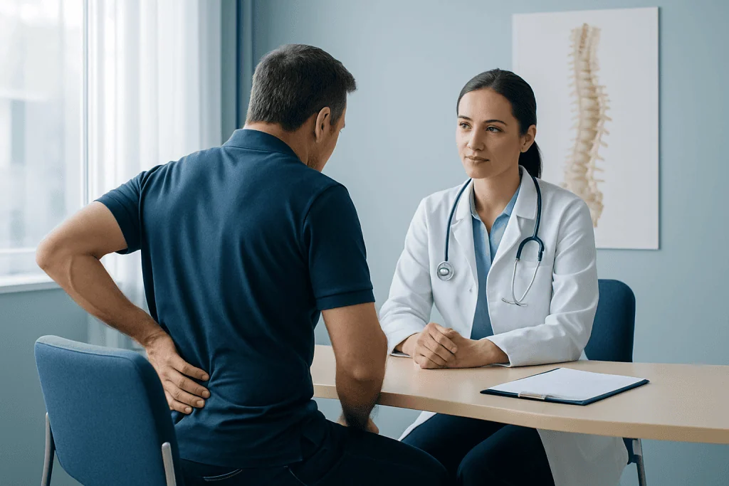 Doctor consulting with a patient about lower back pain in a medical office.