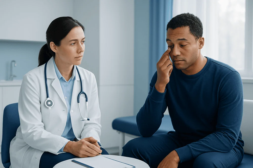 Doctor consulting with patient about eye discomfort in clinic setting.
