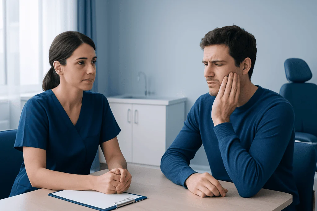 Patient experiencing dental pain during consultation at Acibadem Hospital.