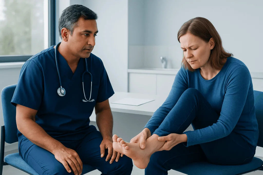 Doctor examining a woman's foot for heel pain or injury.