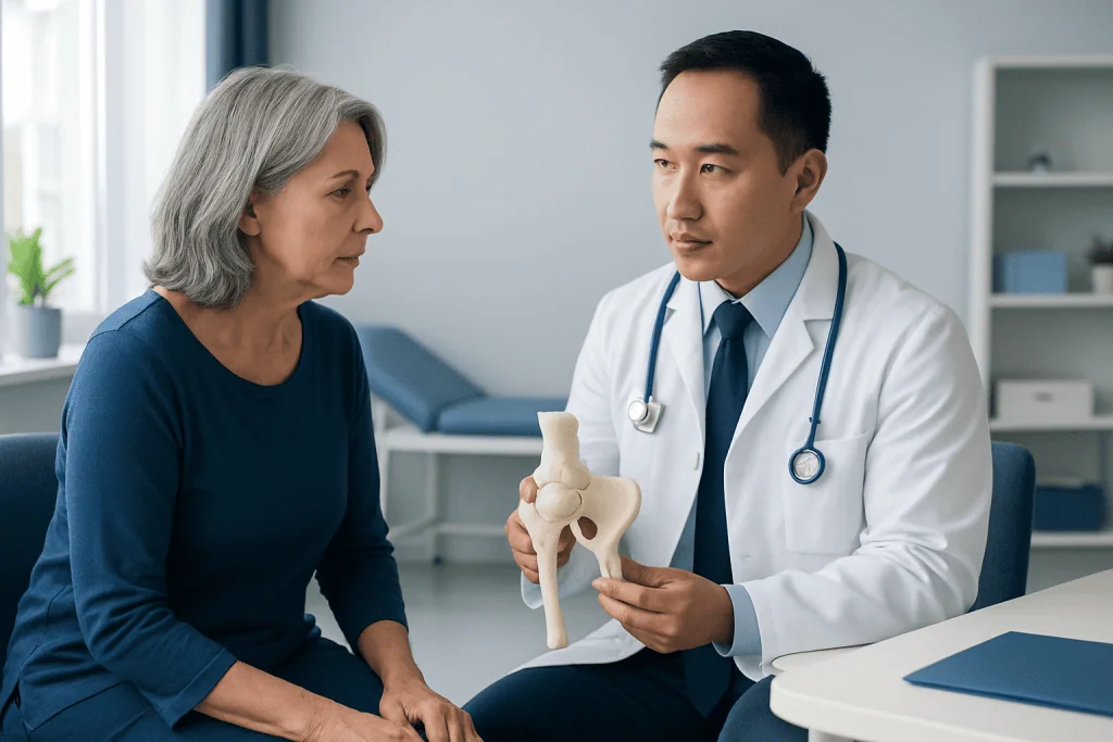 Doctor explaining hip anatomy to an elderly woman in a medical consultation.