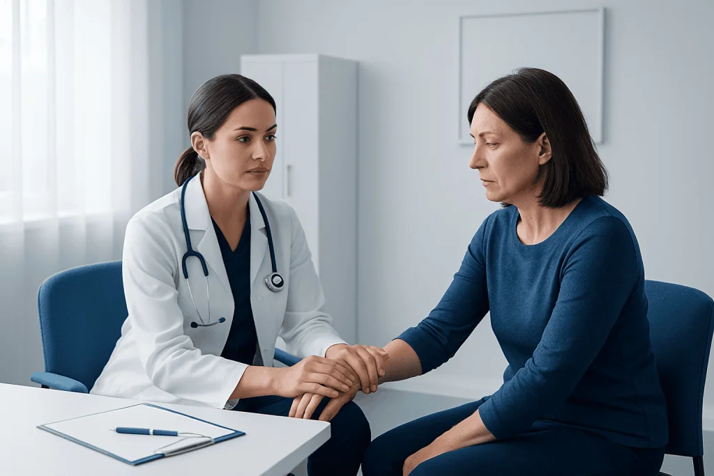Doctor comforting patient during consultation at Acibadem Hospital.