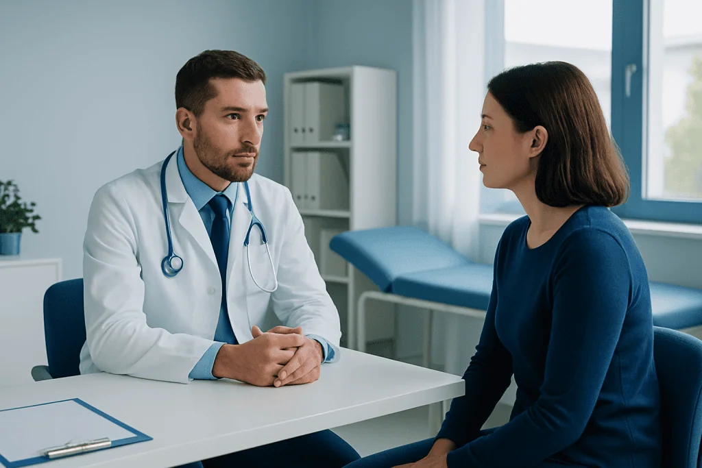 Doctor consulting with a female patient in a medical office.
