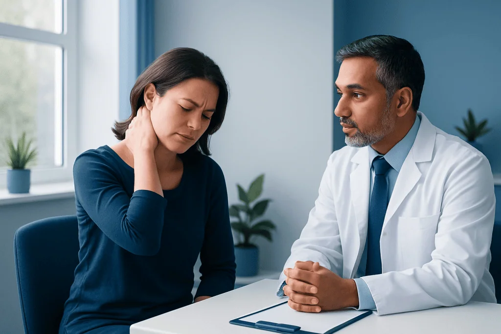 Doctor consulting with a woman experiencing neck pain in a medical office.