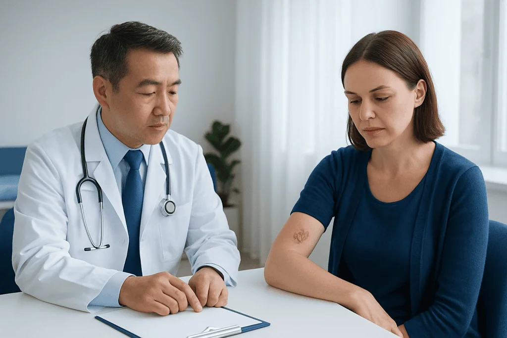 Doctor consulting with a woman about her skin condition in a clinic setting.