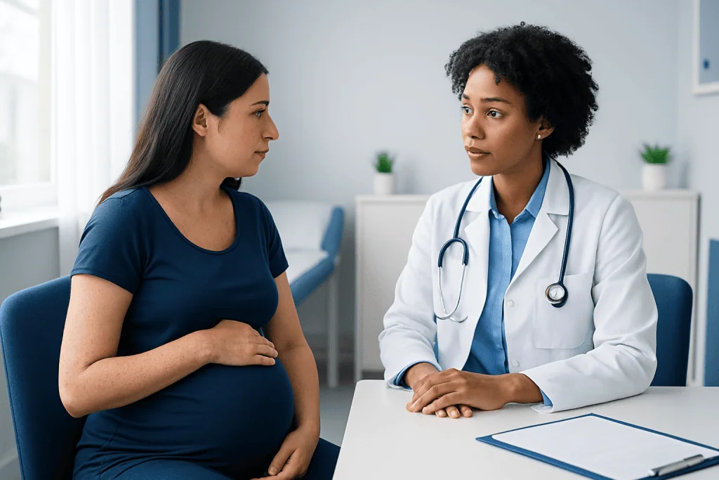 Pregnant woman consulting with a doctor in a medical office.
