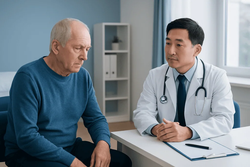 Doctor consulting with elderly patient in a medical office.