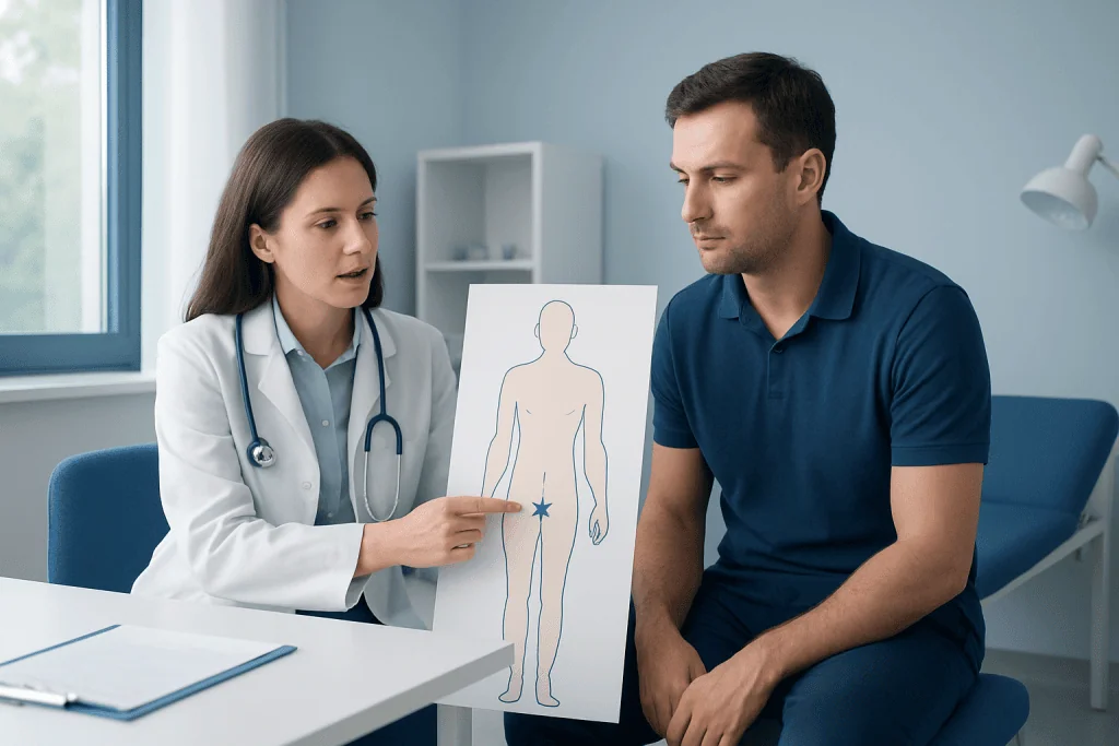 Doctor explaining swollen lymph nodes in groin to patient with diagram.