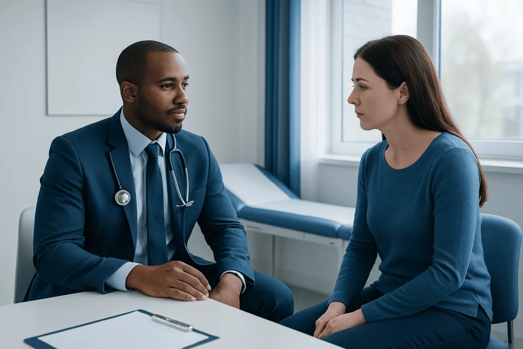 Doctor consulting with a female patient in a medical office.