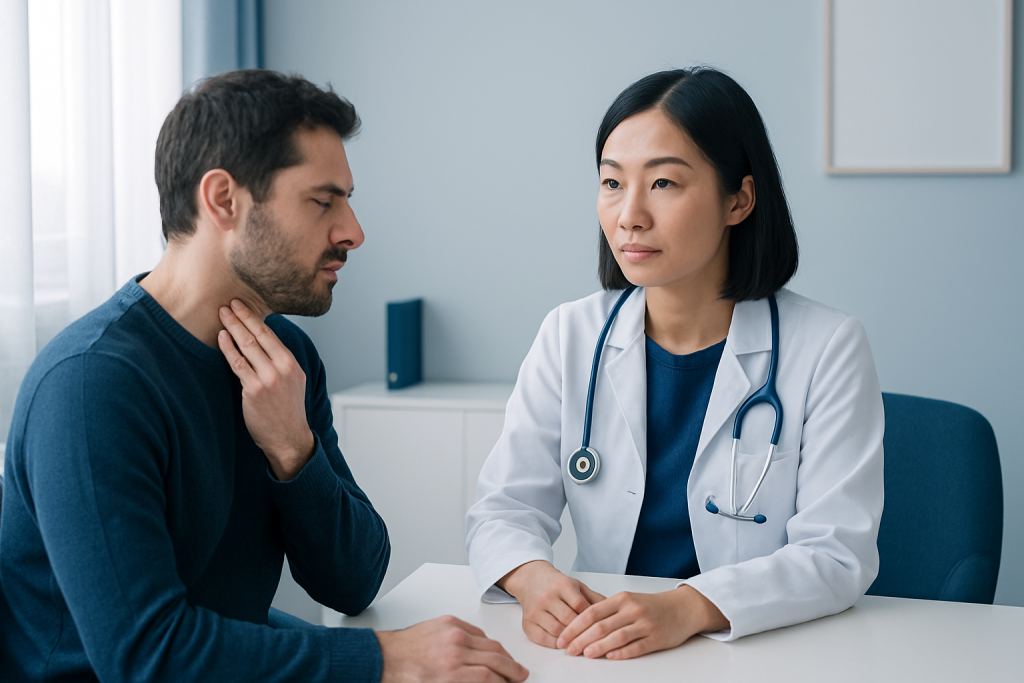 Doctor consulting with patient about sore throat symptoms in clinic.