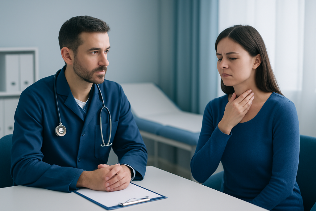 Doctor consulting with woman about throat pain during a medical appointment.