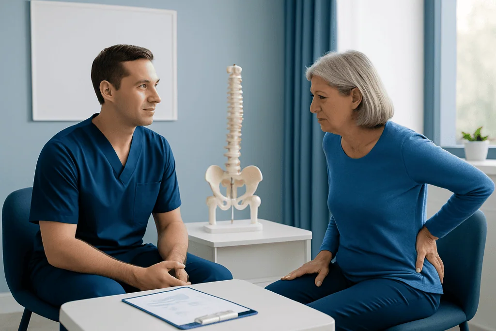 Doctor consulting with an elderly woman about back pain and sciatica symptoms.
