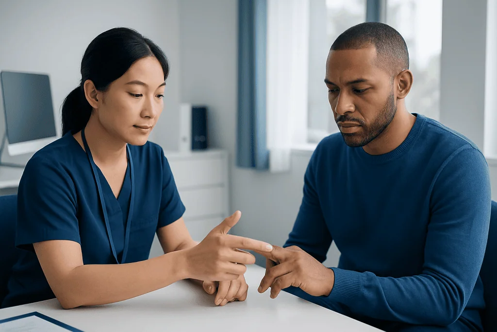 Doctor examining patient's finger for numbness or injury.