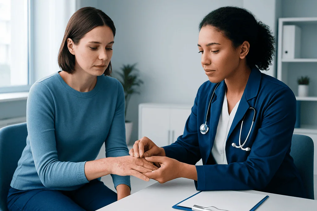 Doctor examining a patient's hand for rash or skin condition.