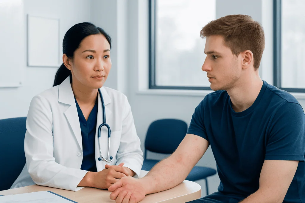 Doctor examining patient's arm in a medical consultation room.