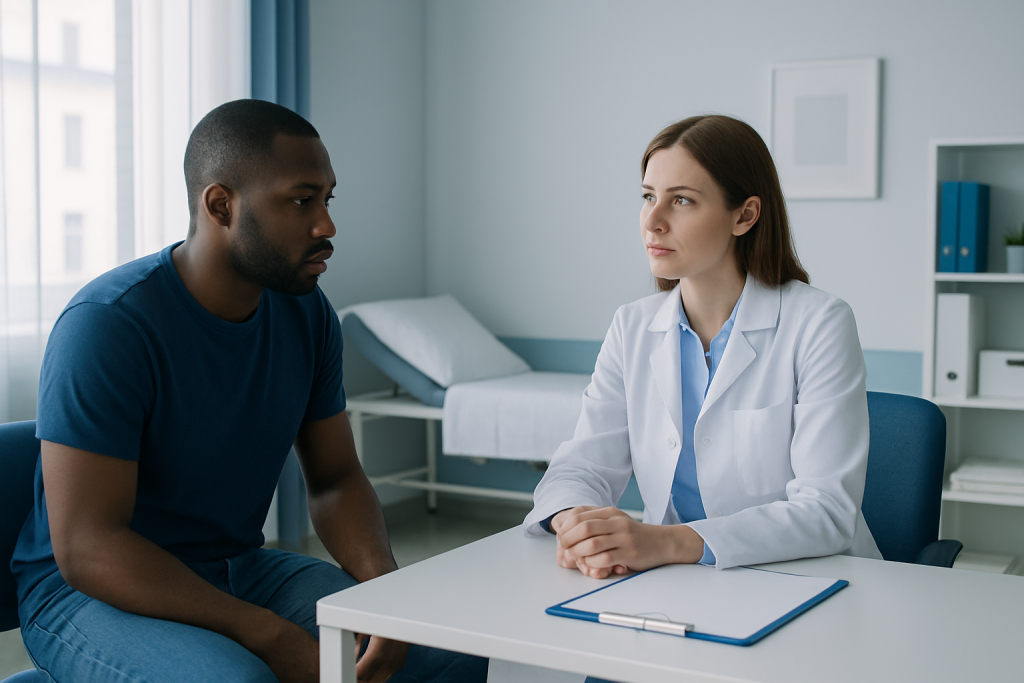 Doctor consulting with male patient in a medical office setting.