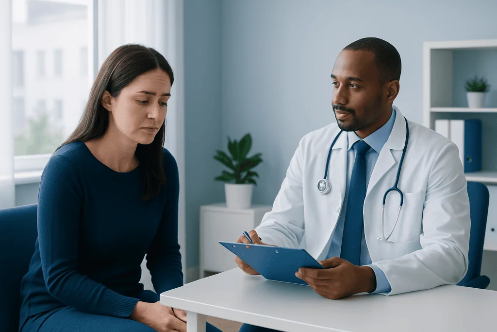 Doctor consulting with a patient in a modern medical office.