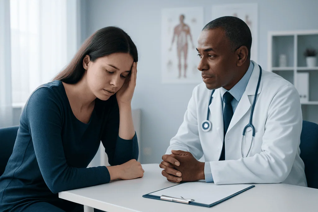 Doctor consulting with a young woman experiencing fatigue and nausea.