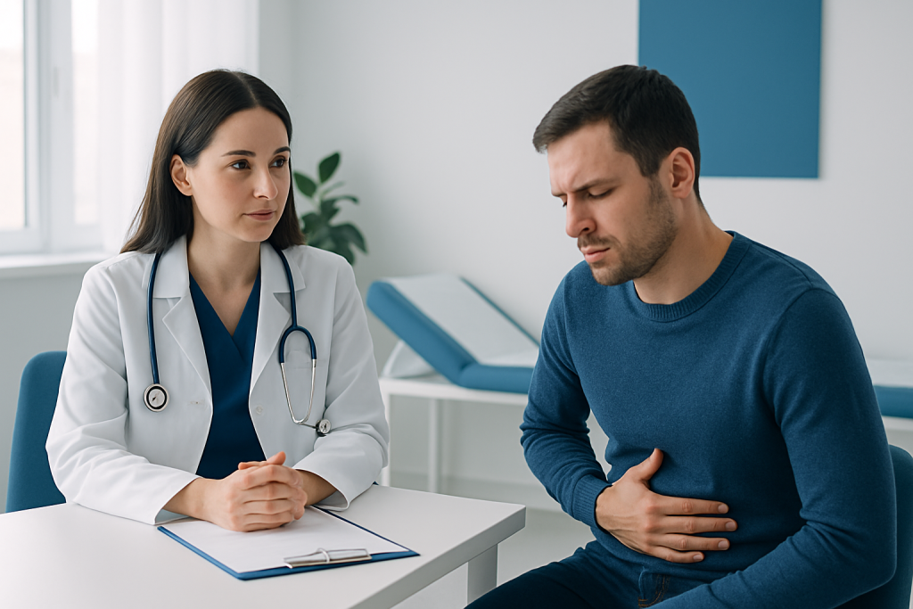 Doctor consulting with patient about stomach pain in a medical office.