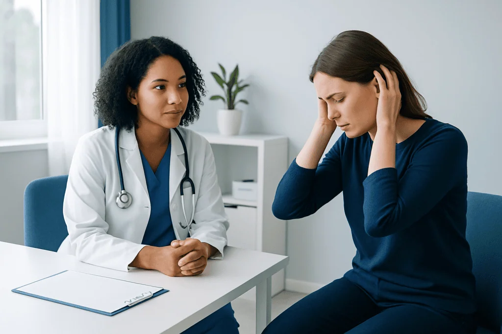 Doctor consulting with a patient experiencing headache symptoms in a medical office.