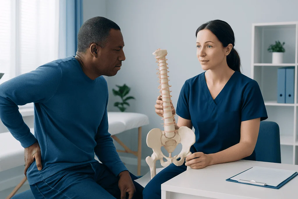 Chiropractor explaining spine health to patient with spine model.