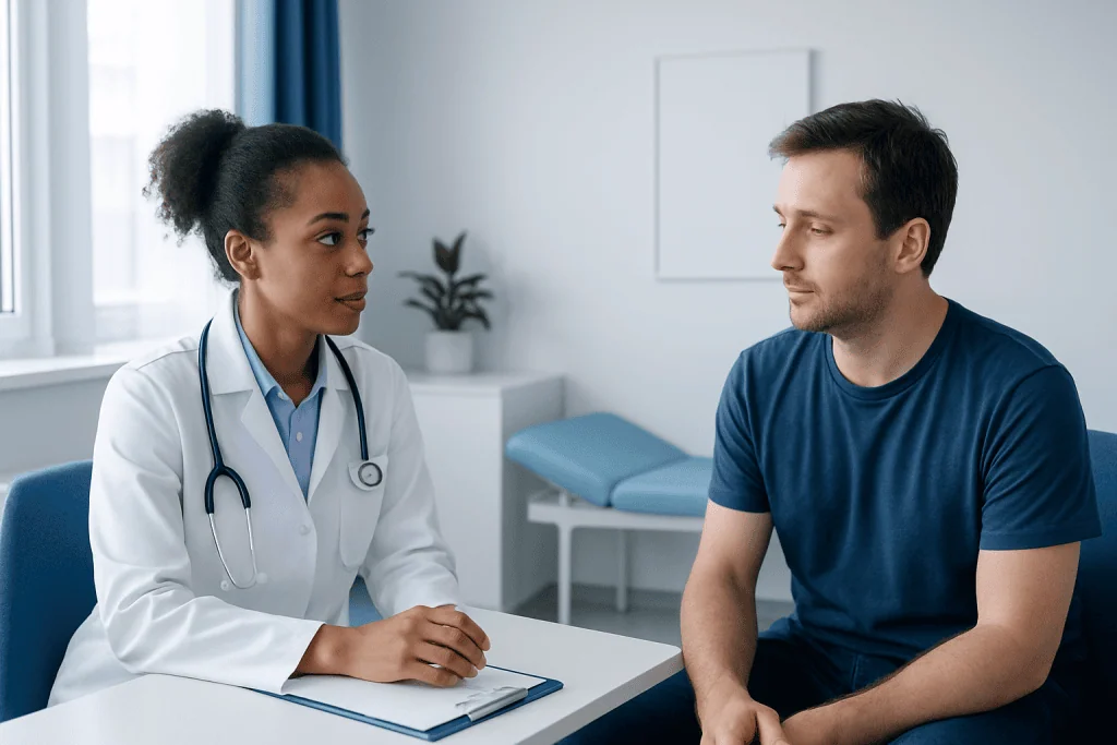 Doctor consulting male patient in a medical office setting.
