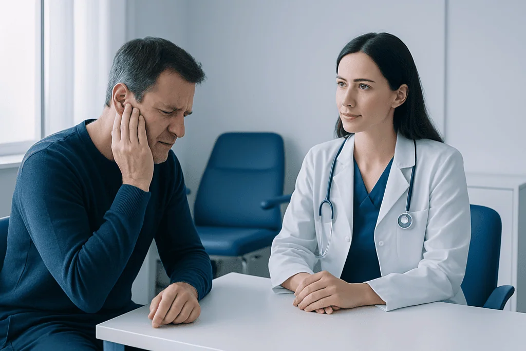 Man experiencing ear pain during medical consultation at Acibadem Hospital.
