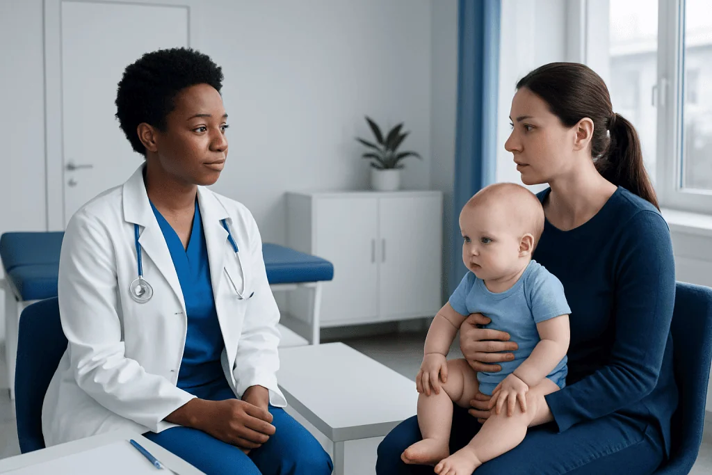 Pediatric consultation at Acibadem Hospital with doctor and mother with baby.