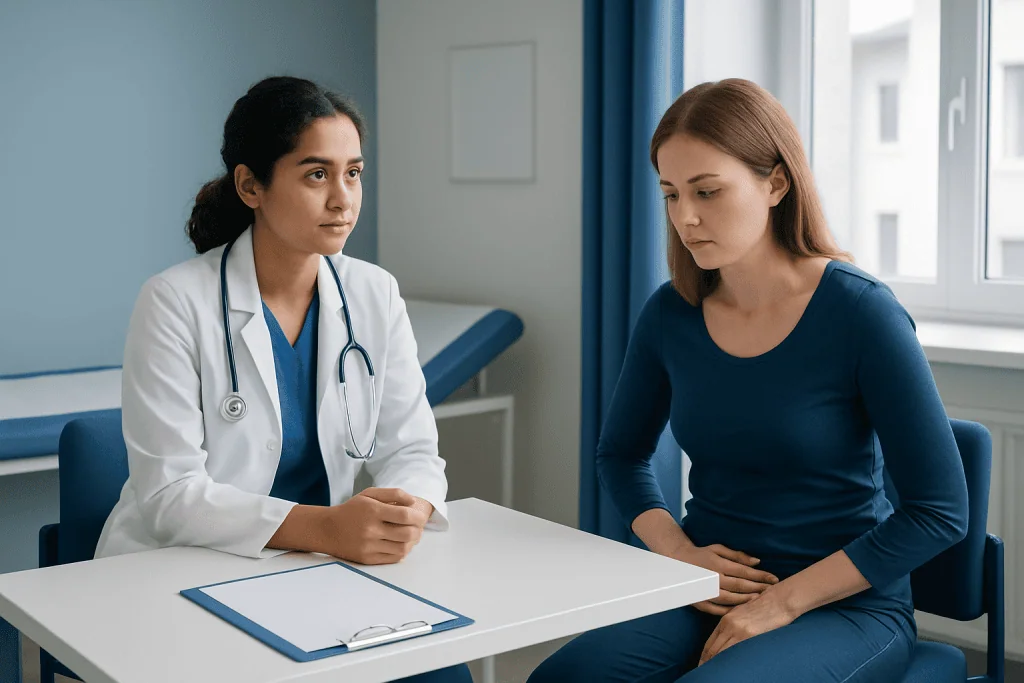Doctor consulting a woman about groin pain in a medical office.