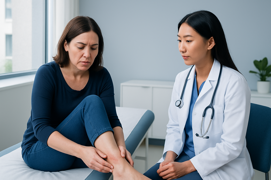 Doctor examining patient's ankle for rash or swelling.