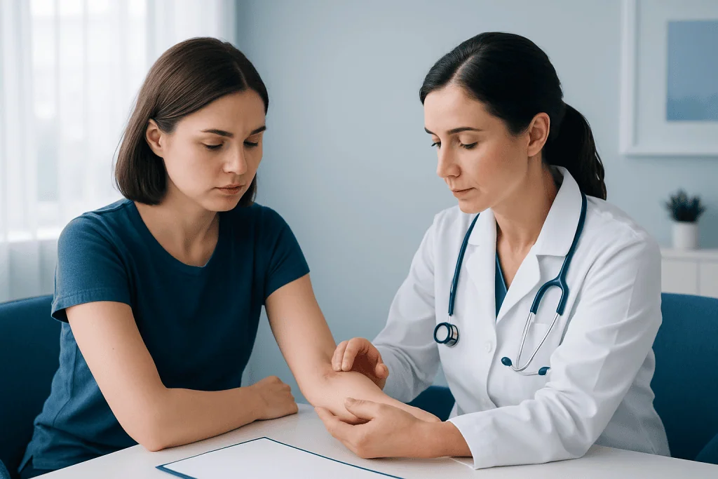 Doctor examining patient's elbow for rash or skin issue.