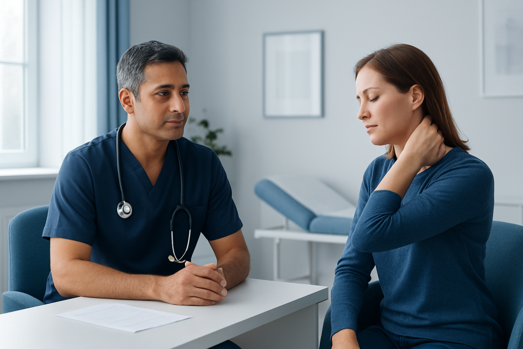 Doctor consulting with a woman about neck pain in a medical office.