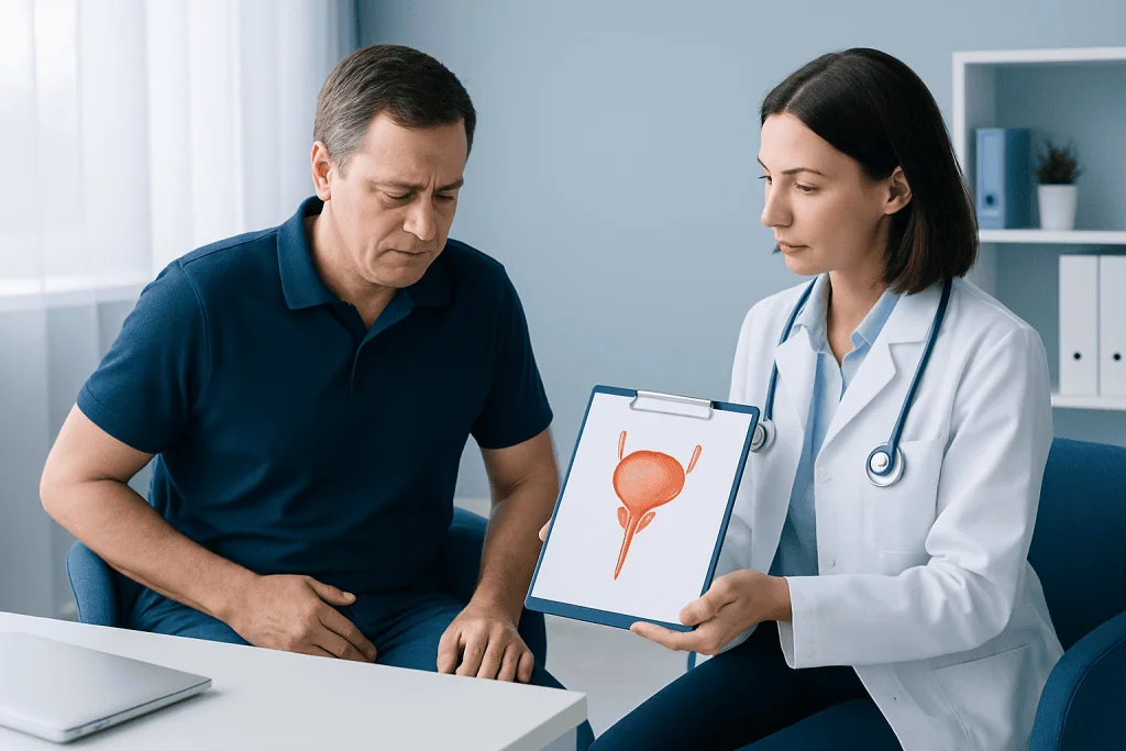 Urologist explaining bladder health to a patient in a medical consultation.