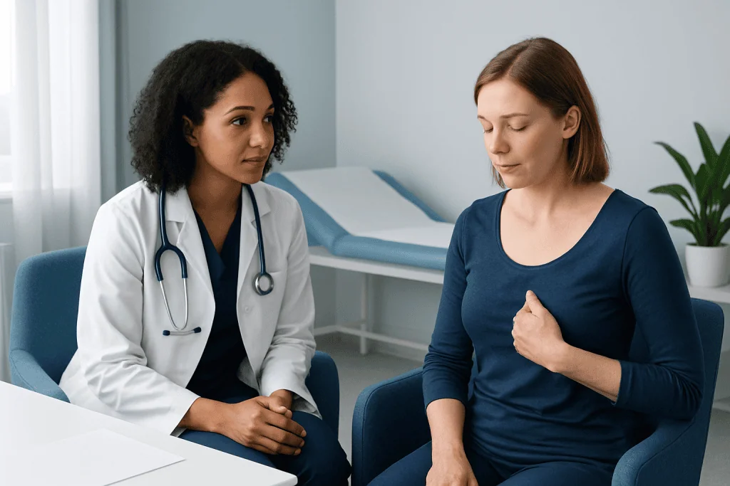 Doctor consulting a patient about nipple discomfort in a clinical setting.