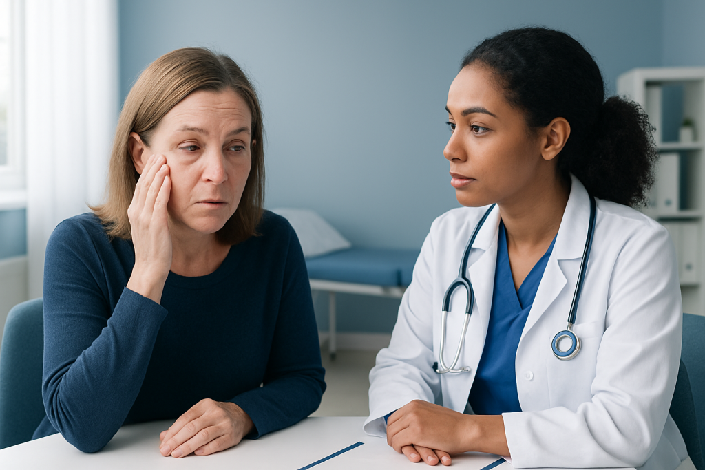 Woman with swollen eyes consulting a doctor in a medical office.