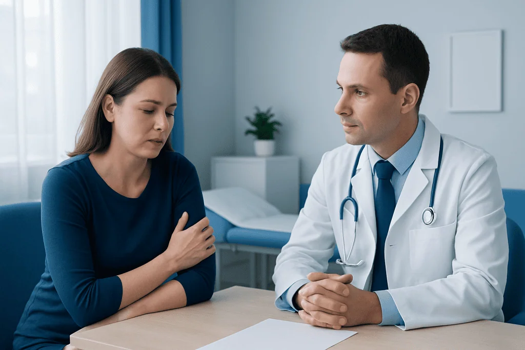 Doctor consulting woman with left arm pain in a clinical setting.