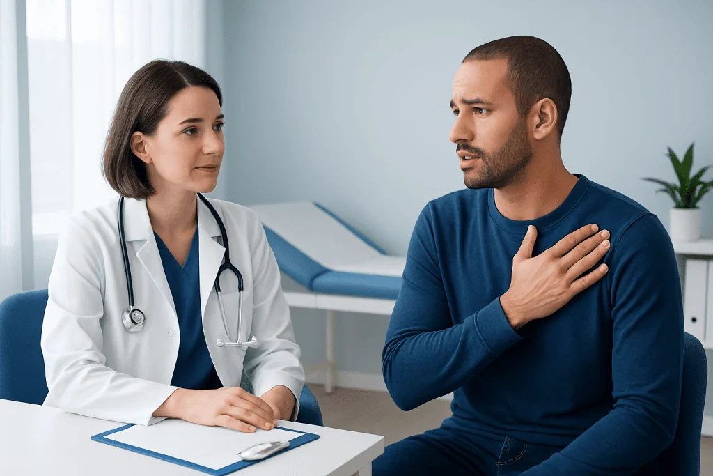Patient experiencing chest pain during consultation at hospital.