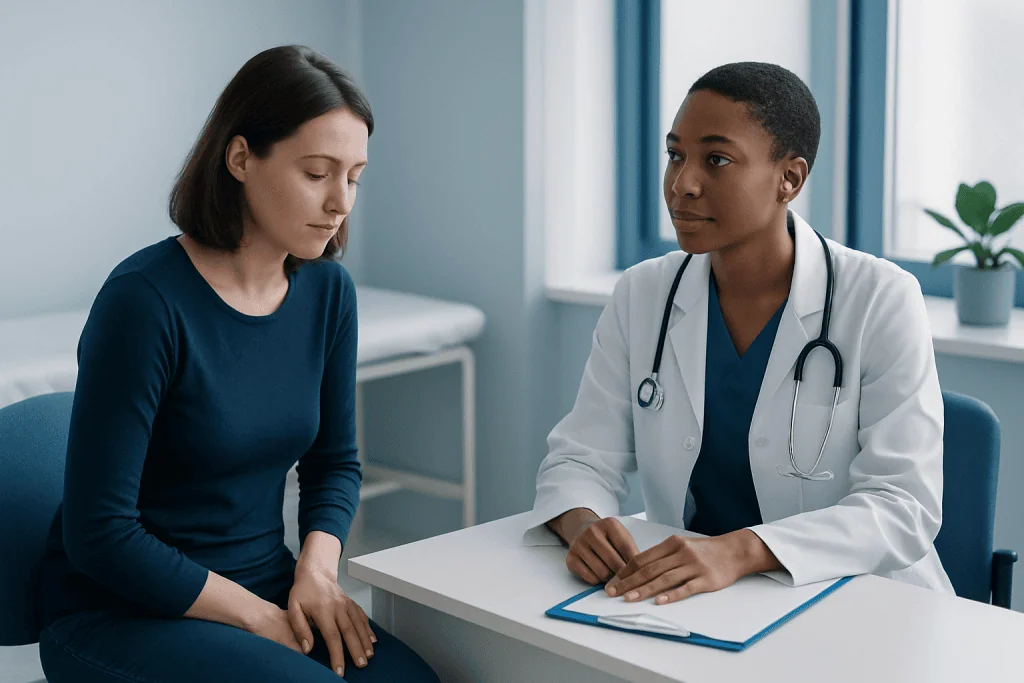 Doctor consulting with a patient in a medical office setting.