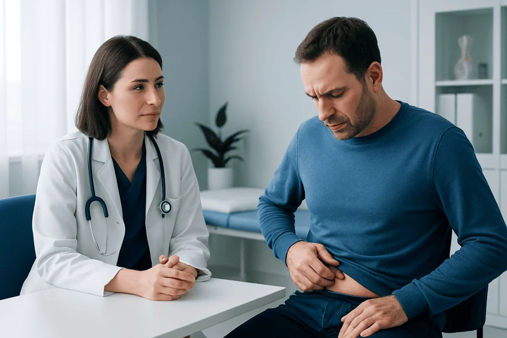 Doctor consulting male patient about abdominal discomfort in clinic.