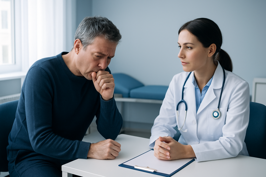 Doctor consulting with a male patient about health concerns in a medical office.