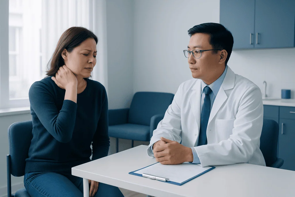 Doctor consulting with a woman about neck pain in a medical office.