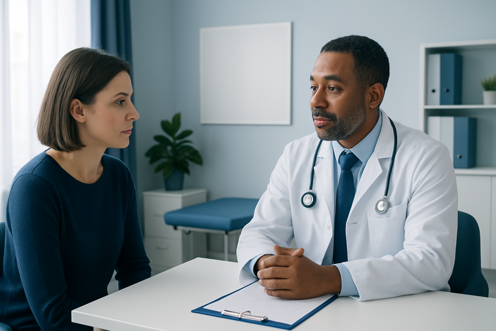Doctor consulting with a female patient in a modern medical office.