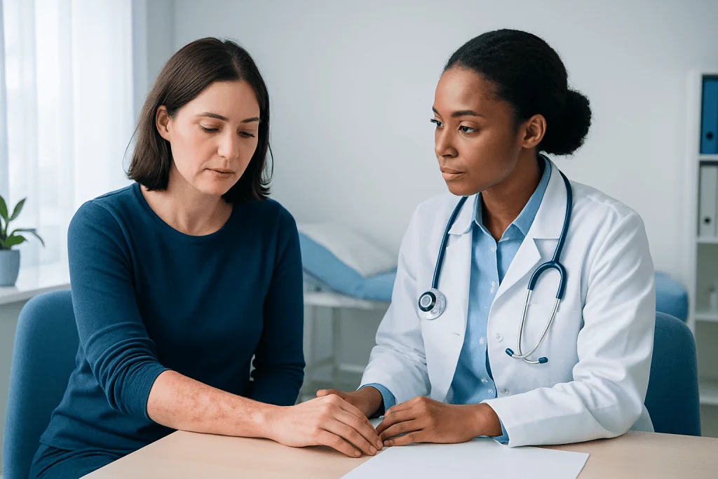 Doctor examining patient's arm with skin rash in a medical consultation room.