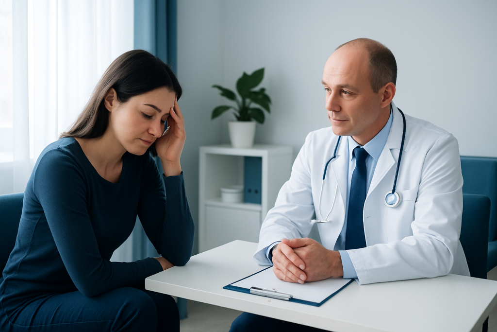 Doctor consulting with a patient about neurological symptoms in a clinic setting.
