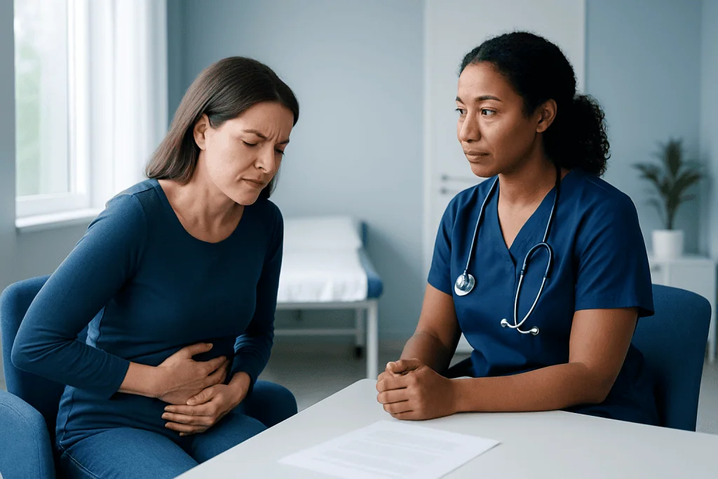 Woman experiencing abdominal pain consulting with nurse in clinic.