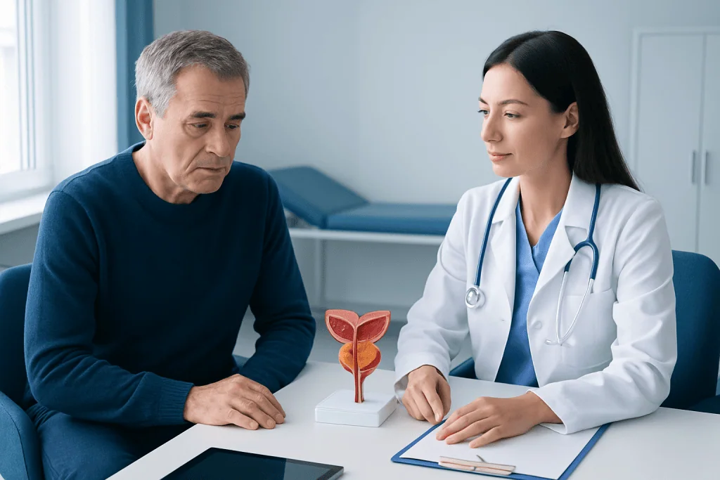 Urologist explaining prostate health to a patient in a medical consultation.